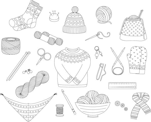 뜨개 도구 - crochet knitting hat wool stock illustrations