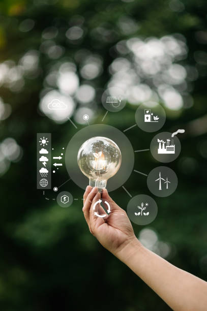 istock Hand holding anti nature light bulb on green leaf with renewable and sustainable development energy source icon. for renewable,love the world 1447139065