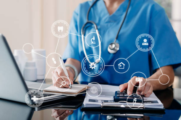 istock edicine doctor and stethoscope using tablet with icon medical network connection on virtual Modern medical 1447139659