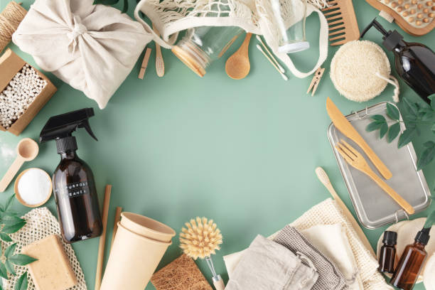 istock Set of eco-friendly tableware and cleaning products on pastel blue background, flat lay stop plastic pollution 1447141670