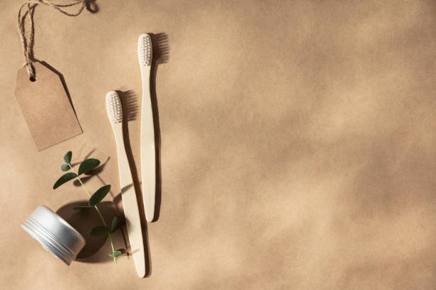 duas escovas de dentes de madeira natural no fundo bege natural com sombras de folhas, flat lay, vista superior - toothbrush plastic multi colored hygiene - fotografias e filmes do acervo