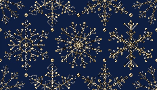 Seamsless pattern with big fancy snowflake made of jewelry gold and silver chains with shiny ball beads. Elegant creative illustration for christmas, new year holiday, gift package decoration.
