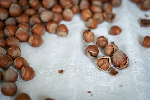 Overhead close up of a selection of mixed nuts.