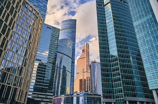 Moscow, Russia - 30.07.2022: Moscow City skyscrapers close up. International Business Center. High quality photo