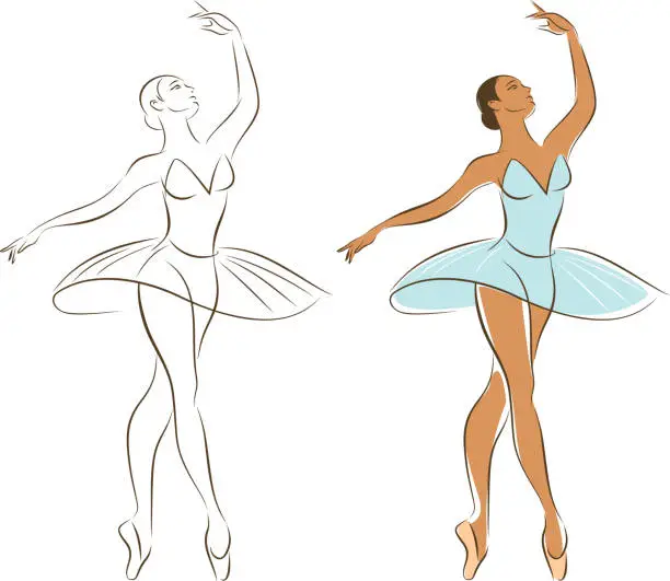 Vector illustration of Ballerina doing exercise. Art sketch of female body. Woman dancing classic ballet