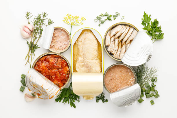istock Canned fish on a white background, long shelf life food. 1447146949