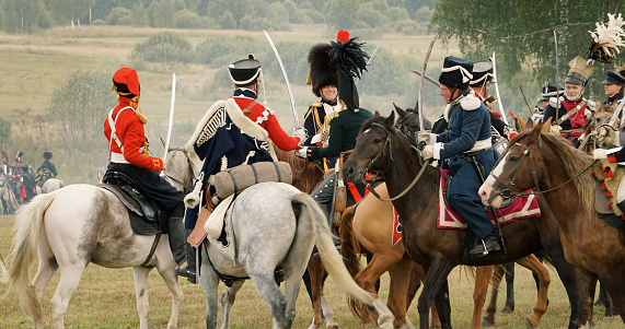 Participants of the military-historical reconstruction of the events of 1812 on the Borodino field on the anniversary of the battle in September 2022