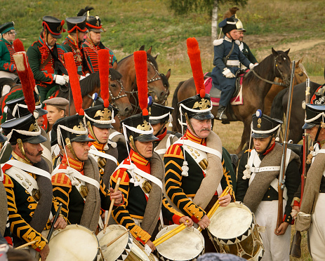 Participants of the military-historical reconstruction of the events of 1812 on the Borodino field on the anniversary of the battle in September 2022