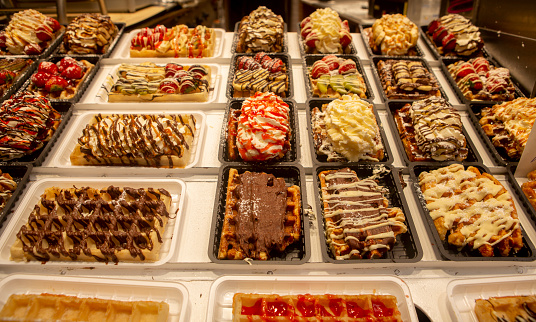 Traditional sweet dessert waffle at street of brussels belgium