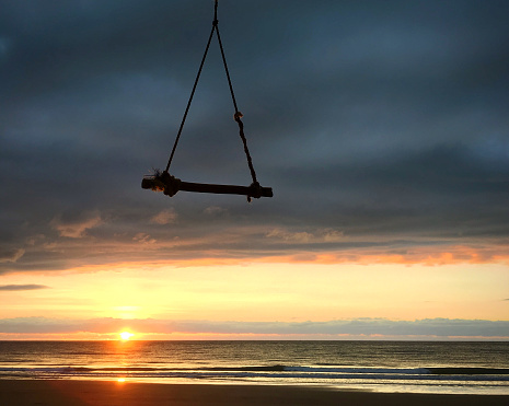 A trapeze swing hangs from a tree during a beautiful sunrise at Cow Bay Beach in Australia.