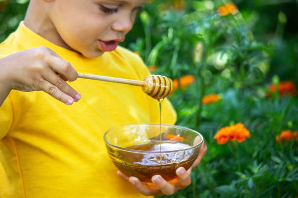 istock child eats honey in the garden. Nature 1447153269