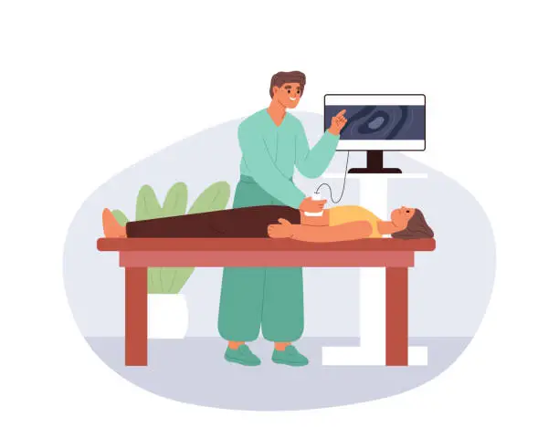 Vector illustration of Gastroenterologist examine man abdomen. Doctor do abdominal ultrasound scanning to cure stomach pain