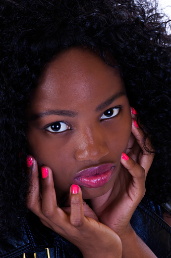 Portrait With Hands Attractive African American Teen Woman  Looking Up