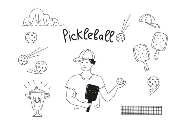 zestaw doodle gry w pickleball. ilustracja konturu wektorowego - paddling stock illustrations