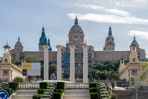 Front view of the Palau Nacional and Magic Fountain of Montjuic at Barcelona, Spain. They were built for the 1929 International Exposition.