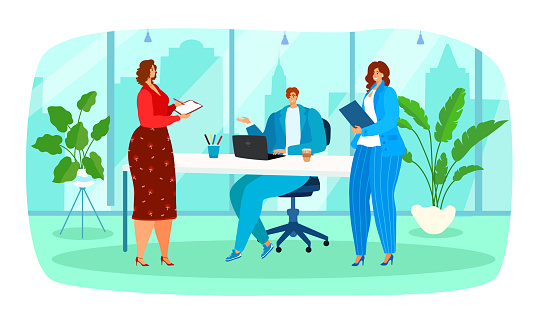 Businesswoman clerk teamwork people in office, chief entrepreneur company meeting flat vector illustration, isolated on white. Character woman employee together discussion biz plan, development firm.