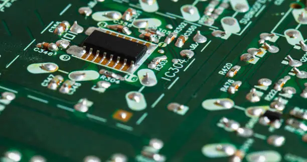 Photo of Chip and capacitors mounted on a green printed circuit board