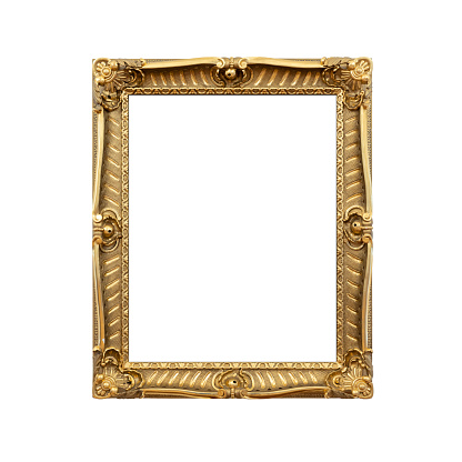 Empty golden photo frame isolated on pure white background.