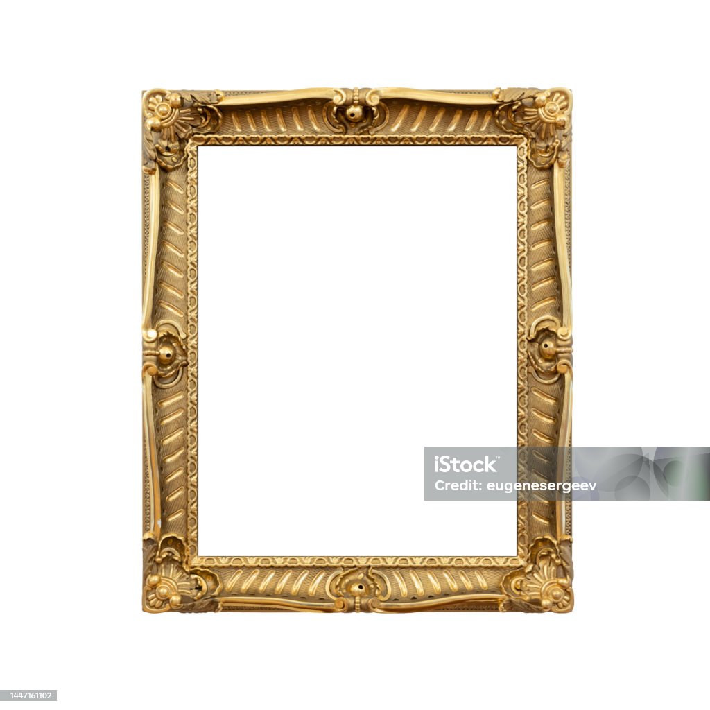 Gilded blank wooden frame isolated on white Gilded blank wooden frame isolated on white background, frontal template photo Picture Frame Stock Photo