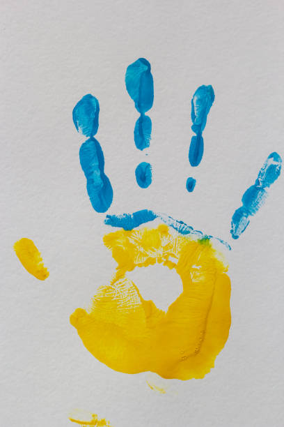 istock bright prints of children's hands from paint on the wall, background, texture 1447162245