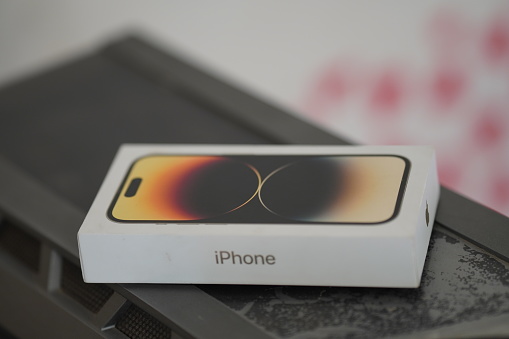 Iphone 14 pro apple phone box image Gold :Rajasthan, jaipur, India- 15 Nov. 2022
