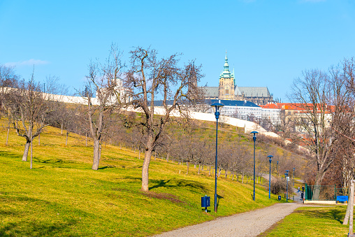 Prague Castle view from Petrin Gardens near Ujezd, Prague, Czech Republic.