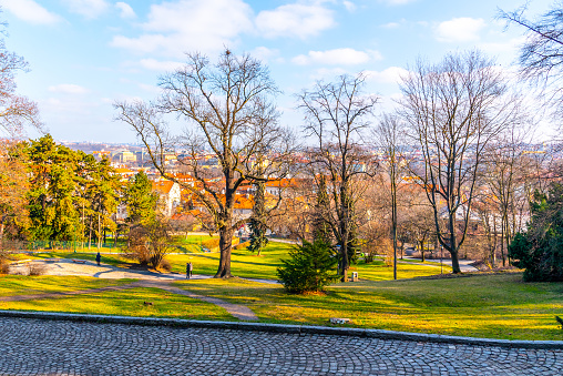 Sunny cold day in Petrin Gardens - green leisure park in Prague, Czech Republic