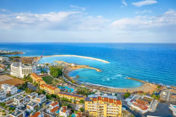 Aerial view with  Kalamies beach and  Saint Nicholas church, Cyprus