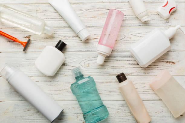 istock Mockup for bathing products top view flat lay, spa razor, toothpaste, soap, gel and other various accessories. Cosmetics for skin health. Bath Mockup for your logo 1447166465