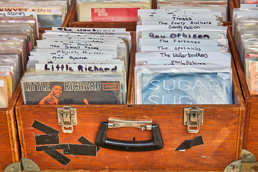 Den Bosch, The Netherlands - May 12, 2019: Wooden boxes with vinyl turntable records on an antique fifties to seventies flea market in Den Bosch, The Netherlands