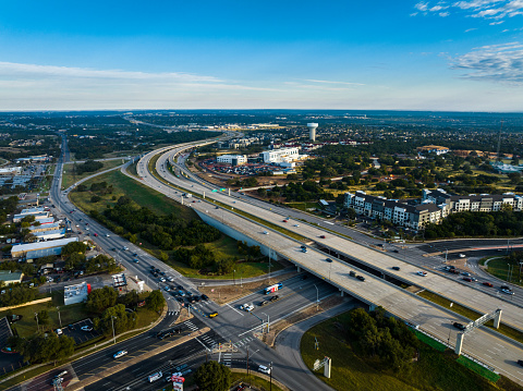 Aerial drone views of Curved Long Highways in Austin , Texas , USA