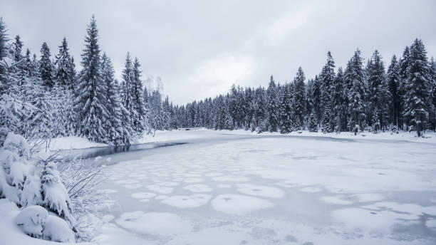 istock Icy winter sunset at frozen pond 1447169847