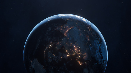 Highly detailed 3D generated image with volumetric clouds lit by city lights. Made from high res 20k textures by NASA:
https://visibleearth.nasa.gov/images/55167/earths-city-lights,
https://visibleearth.nasa.gov/images/73934/topography,
https://visibleearth.nasa.gov/images/57747/blue-marble-clouds/77558l