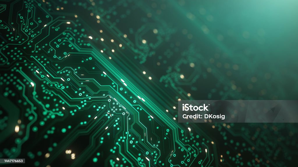 Circuit Board - Green - Computer, Data, Technology, Artificial Intelligence Digitally generated image, perfectly usable for all kinds of topics related to computers, electronics or technology in general. Circuit Board Stock Photo