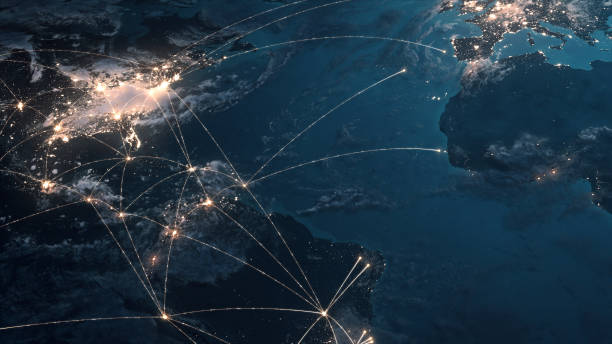 rozbudowa globalnych połączeń nocą - globalny biznes, sieć finansowa, trasy lotów - computer network satellite view planet communication zdjęcia i obrazy z banku zdjęć