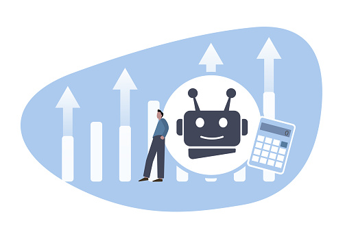 AI in Finance industry concept. Assessing machine learning in financial services - Risk Assessment, Fraud Detection And Management, Financial Advisory Services and Trading. Vector flat illustration.