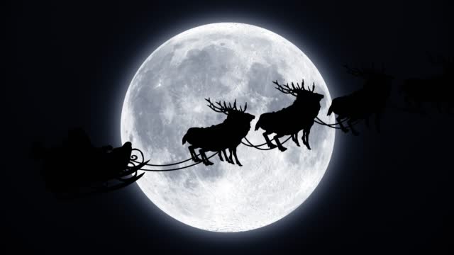 Santa Claus and and reindeer silhouette on moon. The concept of happy new year, gift box, moon, greeting, animal sleigh, deer, holiday, character animation, fairy tale, illustration, chroma key, silhouette,  isolated