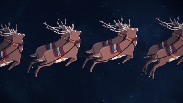 Santa clause and reindeers flying across the full moon on a blank night sky background. You can put your own text or logo at the end of the video. The concept of Merry christmas, new year, gift box, moon, greeting, holiday, illustration,