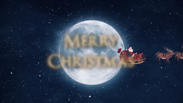 Merry Christmas with Santa Claus and Reindeer. The concept of new year, gift box, moon, greeting, animal Sleigh, deer, holiday, greeting card, character animation, fairy tale, illustration, reindeer, sled, north pole,