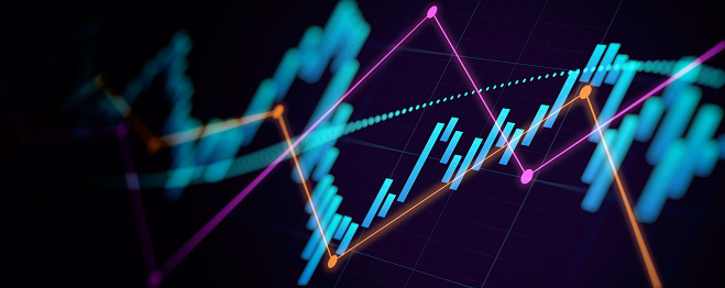 Abstract financial graph with up trend line chart in stock market on neon light colour background