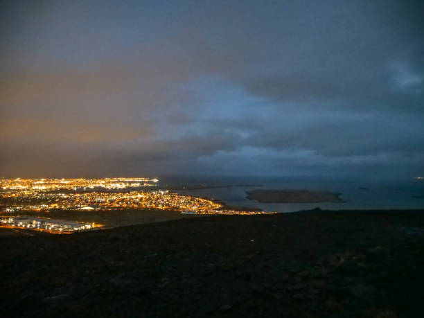 Reykjavik, Iceland at night from mountaintop