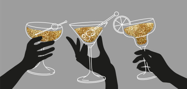 Women’s hands holding glasses of margaritas and martini. Outline drawing, cheers. Women’s hands holding glasses of margaritas and martini. Flat illustration for greeting cards, postcards, invitations, menu design. Line art template martini cheers stock illustrations