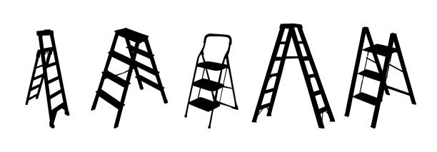 Silhouettes of ladders isolated on white background. Set of stepladder icon. Aluminum or wooden folding ladder sign. vector art illustration