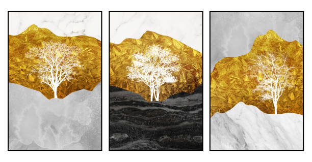 istock 3d frames for home wall decoration. Christmas white tress and marbled mountains in a light landscape golden, black, white and gray marble background 1447190747