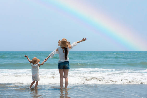 istock Mother and daughter raising hands on a rainbow beach 1447193396