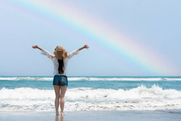A woman raises her hands on the beach with a rainbow
