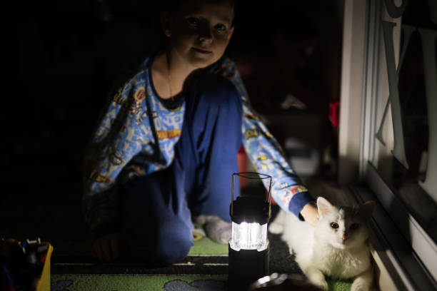 Boy playing with cat at home during a blackout using led lantern.