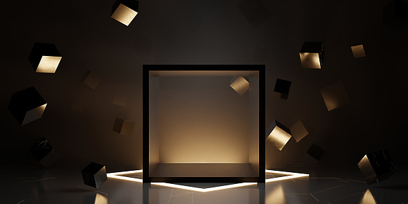 ray reflection background cube modern showroom empty scene neon light and laser technology 3d illustration