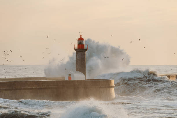 Lighthouse in the storm, Porto in Porto, Porto District, Portugal