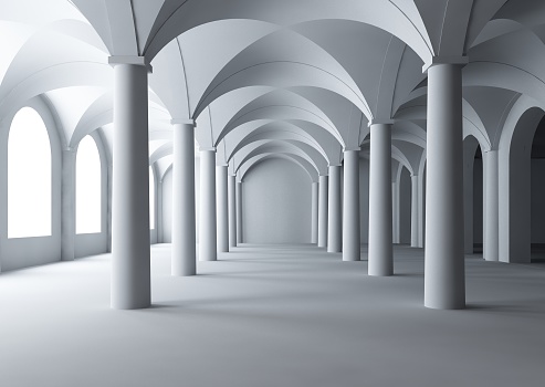 3d render of an empty hall build in a classical architectural style
